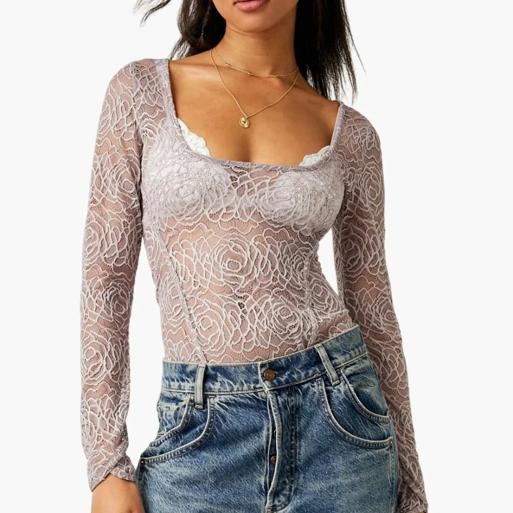 NWT Free People In My Head Sheer Lace Bodysuit Small, THIMBLE SMALL